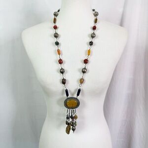 Vintage Boho Multicolor Natural Stone Beaded Necklace Long 31”